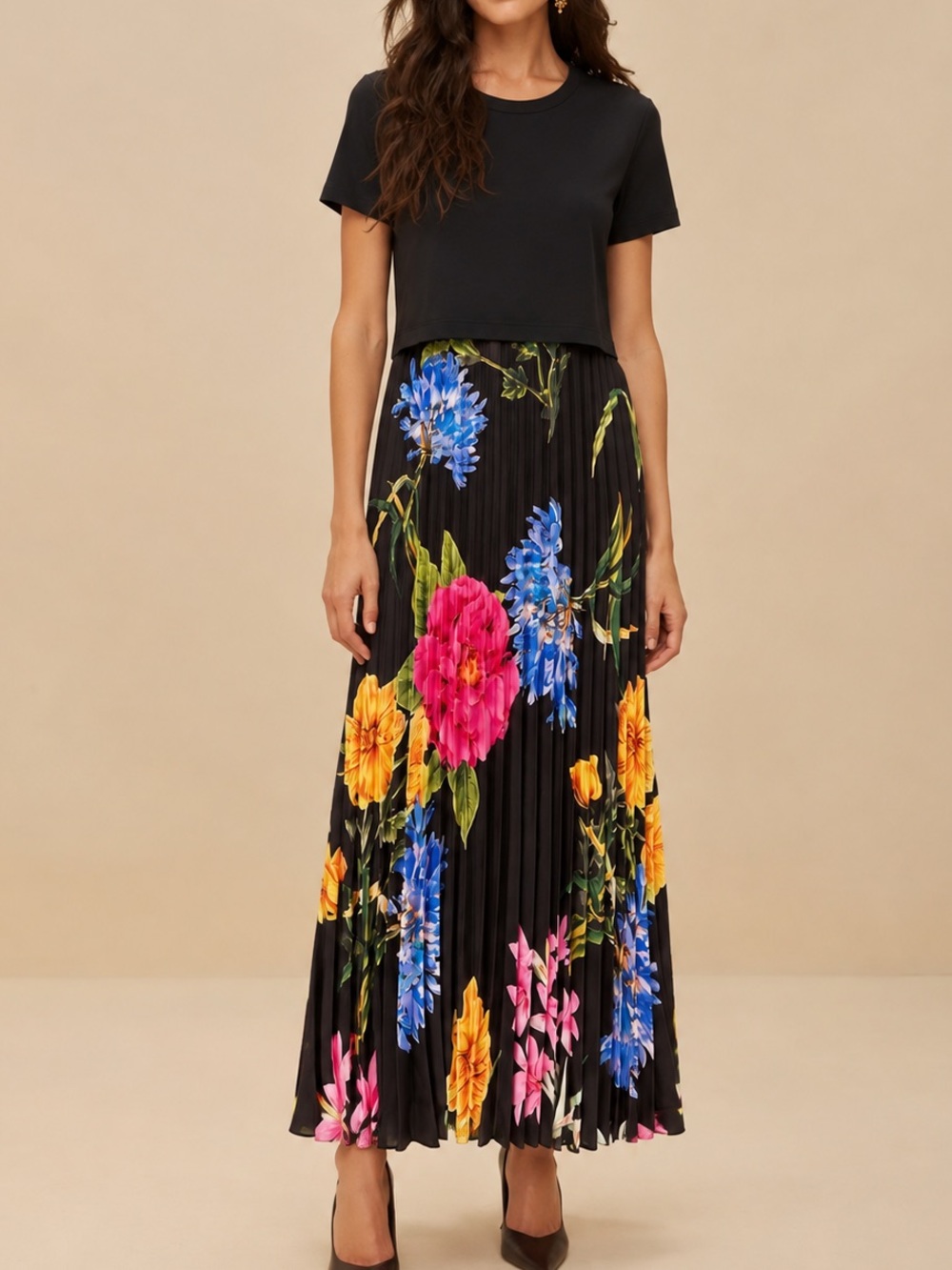 Karl Lagerfeld Paris Floral Pleated Midi Dress NWT Size 14 Black Bright Floral